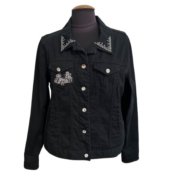 Isaacs Designs Goldwing Womens M Black Denim Jacket Rhinestone Embellishments - Picture 1 of 10